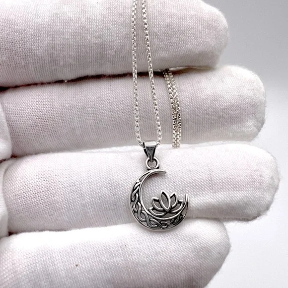 .925 Sterling Silver Moon and Lotus Flower Necklace - Picture 4 of 16